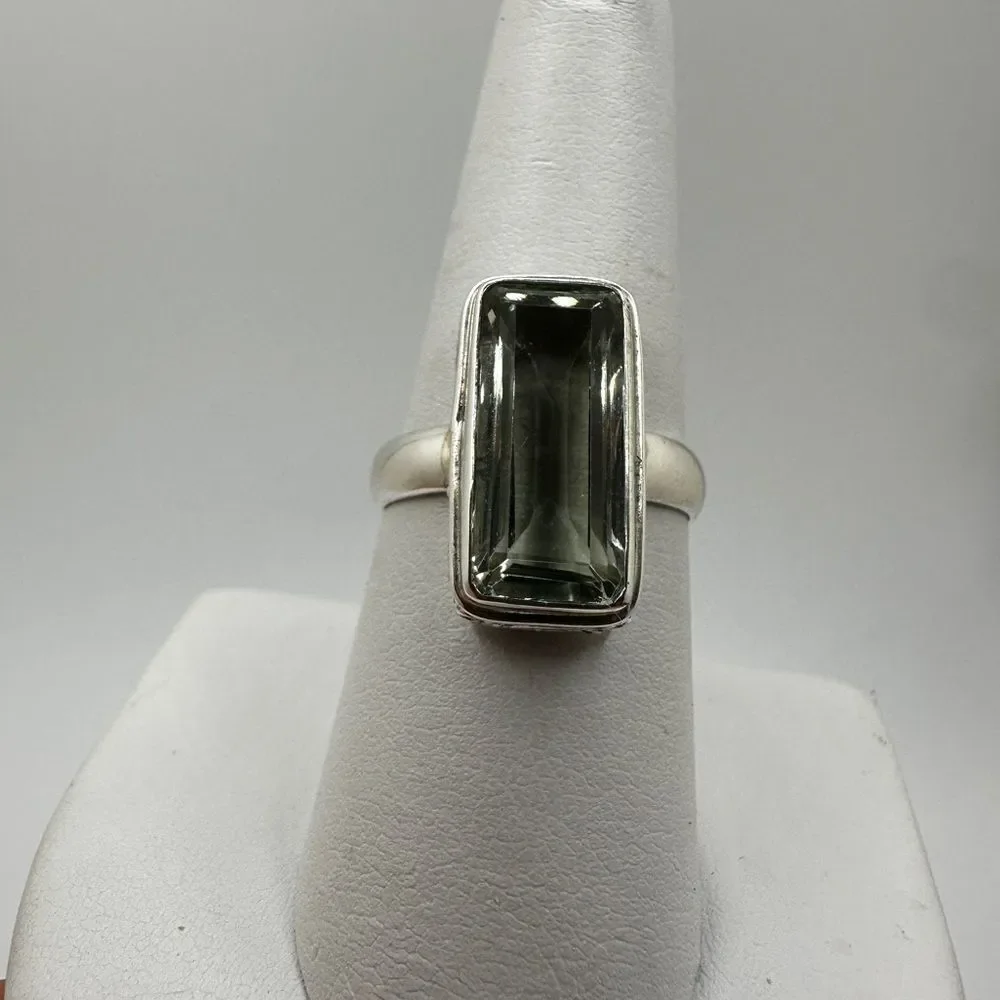 NWT 5ct emerald‎ cut Prasiolite ring in Bali sterling silver!